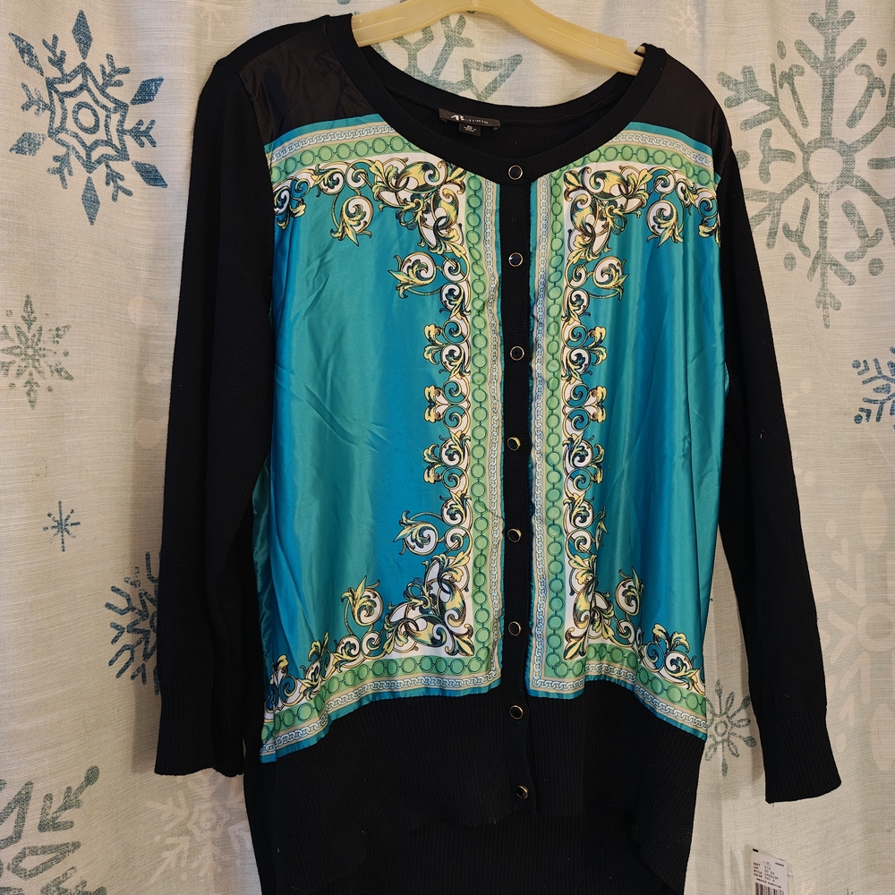 AB Studio Black Cardigan with Turquoise and Green Scarf-Print Front